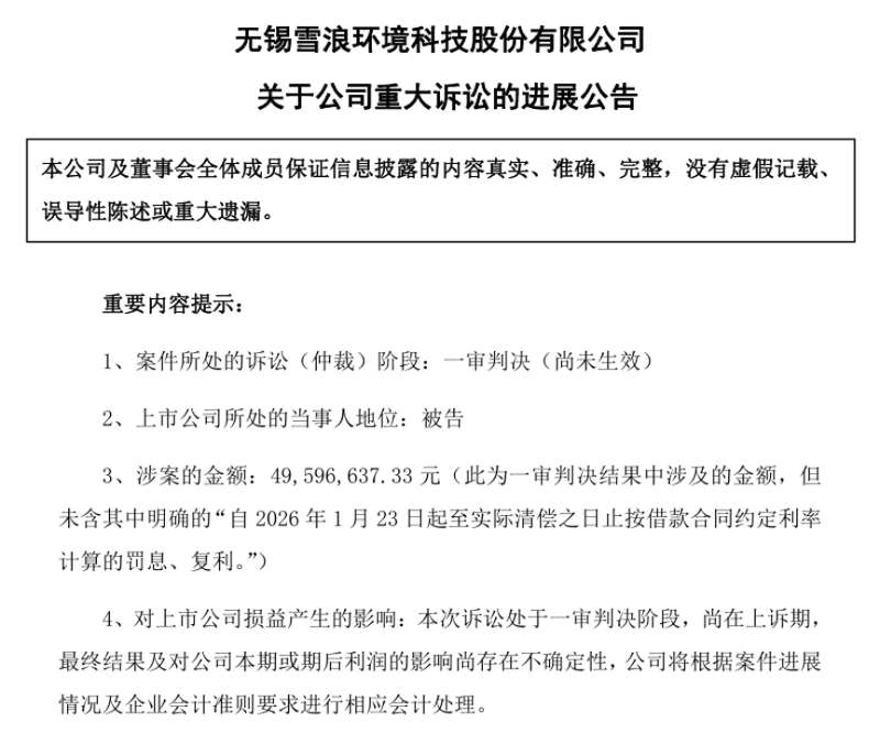  超1.25亿元贷款违约，雪浪环境再遭起诉，钱都去哪了？ 新闻